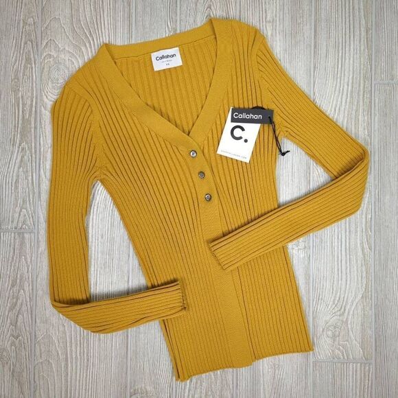Callahan Knitwear Women’s XS Yellow Rib Knit Button Down Cardigan Sweater NWT - Picture 4 of 8